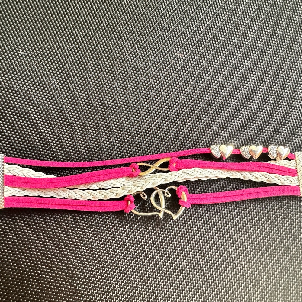 Pink and White Braided Bracelet with Heart Charms